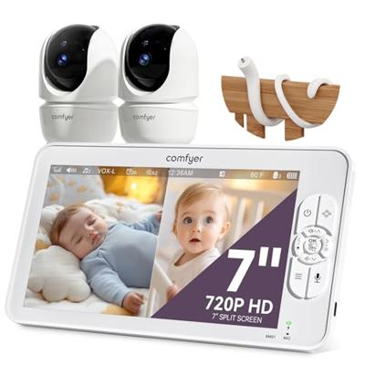 Comfyer 7 Split-Screen Baby Monitor with 2 1080P Cameras, 720P HD No WiFi Monitor with a Flexible Bracket, 6000mAh Battery, VOX Mode, 2 Way Audio, Re