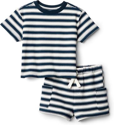 Amazon.com: Amazon Essentials x Sofia Grainge Baby Boys Regular Fit T-Shirt and Short Set, Ivory Navy Stripe, 12 Months : Clothing, Shoes & Jewelry