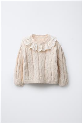 CABLE KNIT SWEATER WITH LACE COLLAR - Ecru | ZARA Canada
