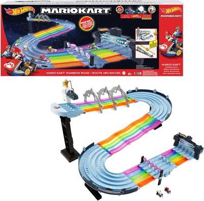 Amazon.com: Hot Wheels Mario Kart Rainbow Road Raceway 8-Foot Track Set with Lights & Sounds & 2 1:64 Scale Vehicles, Race with 5-Track Colorful Cours