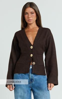 Nerissa Cardigan - V Neck Recycled Knit Contoured Cardigan in Chocolate