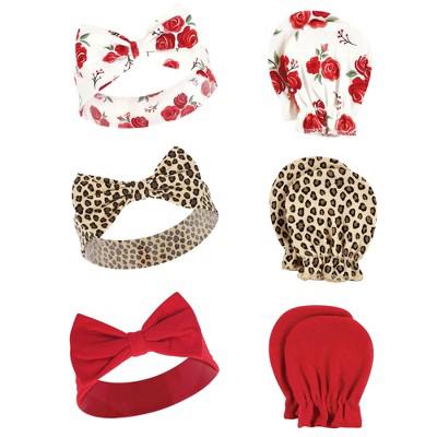 Hudson Baby Infant Girl Cotton Headband and Scratch Mitten Set, Rose Leopard, 0-6 Months : Target