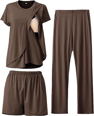 Rnxrbb 3 Piece Postpartum Nursing Pajamas Set Double Layer Maternity Breastfeeding Pjs Sleepwear for Women,Coffee Brown M at Amazon Women’s Clothing s