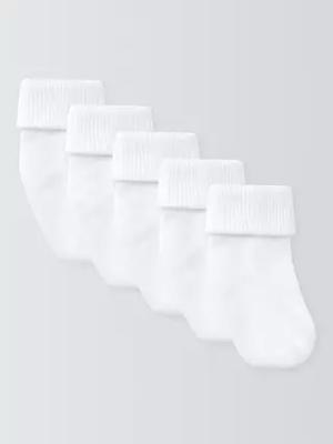 John Lewis Baby Organic Cotton Rich Roll Top Socks, Pack of 5, White, 0-3 months