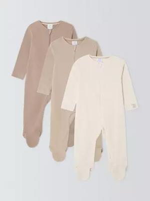John Lewis Baby Cotton Two Way Zip Ribbed Cotton Sleepsuit, Pack of 3, Multi, 3-6 months