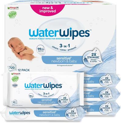 WaterWipes Sensitive+ Newborn & Baby Wipes, 720 Count (12 Packs), 3-In-1 Cleans, Cares, Protects, 99.9% Water, Unscented : Amazon.co.uk: Health & Pers