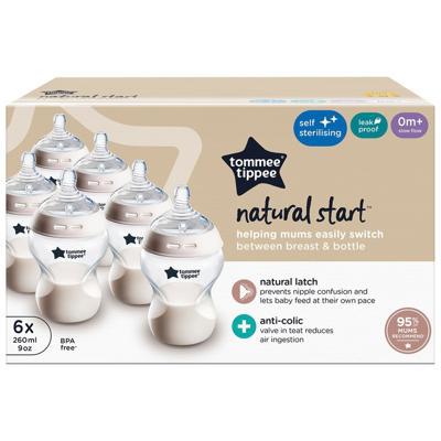 Tommee Tippee Natural Start Self-Sterilising Anti-Colic Baby Bottles 260ml Slow-Flow 6 Pack | Smyths Toys UK