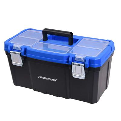 Mastercraft Portable Plastic Tool Box w/ Removable Tray & Tray Top, Blue, 19-in