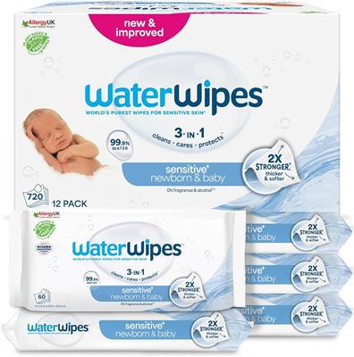WaterWipes Sensitive  Newborn & Baby Wipes, 720 Count (12 Packs), 3-In-1 Cleans, Cares, Protects, 99