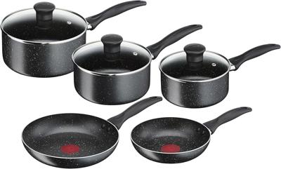 Tefal Origins Stone 5 Piece, Non-Stick, Pots & Pan Set, All Hobs Compatible Except Induction, (16/18/20CM Saucepans with Glass lids, 20/24CM Frying Pa