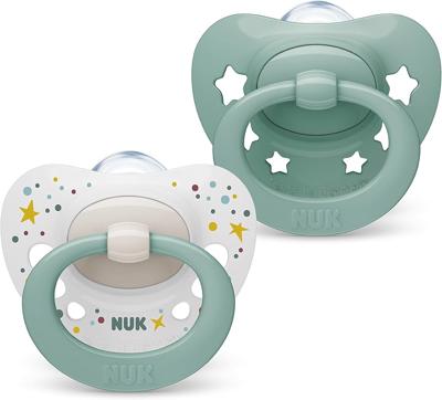 NUK Signature Baby Dummy | 0-6 Months | Soothes 95% of Babies | Heart-Shaped BPA-Free Silicone Soothers | Includes Case | Green Stars | 2 Count : Amaz