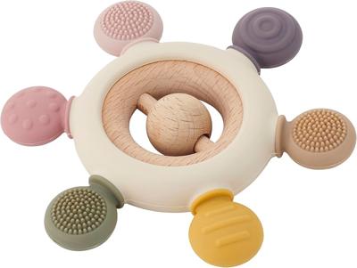 tickit Silisoft Rattle Teether Sensory Baby Teether with Textured Food-Grade Silicone and Natural Beechwood, Removable Wooden Rattle for Teething Reli