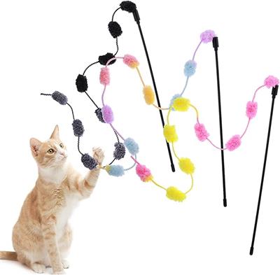 Cobee Cat String Teaser Wand - 3 Pack Interactive Colorful Ribbon Charmer With Furry Plush Balls for Kittens - Indoor Stick Toy for Play, Chase, and E