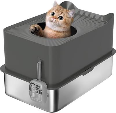 PawHut Stainless Steel Litter Box, Extra Large Enclosed Cat Litter Tray with Scoop, Top Entrance, Non-slip Pads, Easy to Clean & Never Absorbs Odors,