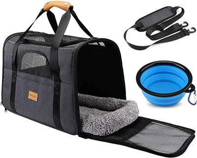 Morpilot Cat Carrier - Airline Approved, Top Opening Portable Dog Bag with Breathable Mesh/Removable Mat, Adjustable Shoulder Strap & Bowl, Foldable T