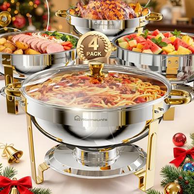 WARMOUNTS 4 Pack Chafing Dish Buffet Gold & Silver with Glass Lid 5L Set, Round Food Warmer for Catering Buffet with Lid Holder, Mirror-Polished Rolle