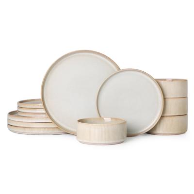 ALOFMO Stoneware Dinnerware Sets, Plates and Bowls Sets, Dish Set for 4, 12 Piece Dinner Set, Plate Sets for Kitchen, Cappuccino White - Walmart.com