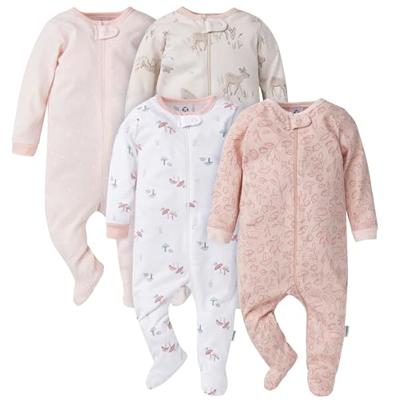 Gerber Baby Girls 4-Pack Sleep N Play Footie, Deer, 0-3 Months
