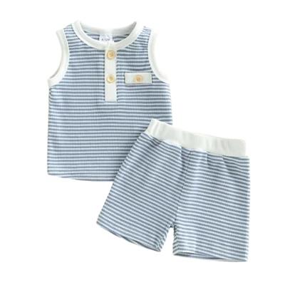 Kupretty Toddler Baby Boy Clothes 12 18 24 Month 2T 3T Summer Outfit Waffle Striped Half Button Sleeveless Vests Shorts Set (Blue, 6-12 Months)