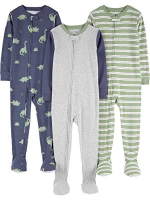 Simple Joys by Carters Baby and Little Boys 3-Pack Snug-Fit Footed Pajamas, Olive Dinos, 12 Months