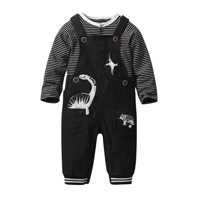 LvYinLi Baby Boy Clothes Set Infant Boys Long Sleeve Romper+Dinosaur Denim Overalls Toddler Boys Fall Winter Outfits Suit (Black Dionsaur 12-18 Month
