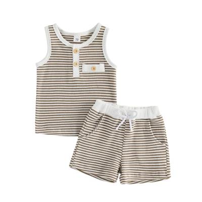 Kupretty Toddler Baby Boy Clothes 12 18 24 Month 2T 3T Summer Outfit Stripe Waffle Knit Sleeveless Vests Shirts Shorts Set (Coffee, 6-12 Months)