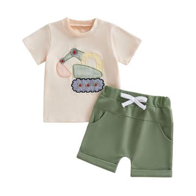FOCUSNORM Toddler Baby Boy Summer Clothes Excavator Embroidery Short Sleeve T-Shirt Elastic Waist Shorts Set 2 Piece Outfit (Cute Green, 12-18 Months)
