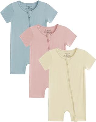 Jimonda Boys Baby Girls Short Sleeve Romper Unisex Baby Footless Pajamas With Viscose 2-Way Zipper Front 3Pcs3-6M