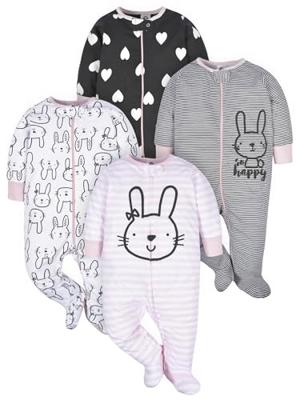 Gerber Baby Girls 4 Pack Sleep N Play Footie, Bunny Smiley, 0-3 Months