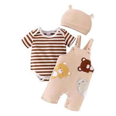 FOCICI 3-6 Month Baby Clothes Boy Short Sleeve Striped Romper Infant Bear Suspender Overall Cute Hat 3Pcs Set Summer Outfits Beige