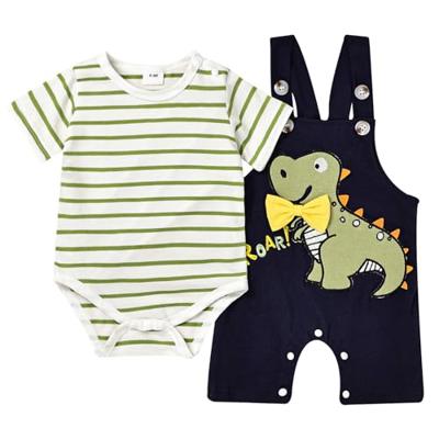 TOKIAGO Baby Boy Clothes 3-6 Months Newborn Outfits Green Stripe Romper Infant Cute Dinosaur Overall Adjustable Suspender Pants Set 3-6 Months