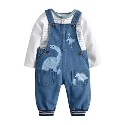 LvYinLi Baby Boy Clothes Set Infant Boys Long Sleeve Romper+Dinosaur Denim Overalls Toddler Boys Fall Winter Outfits (Blue, 12-18 months)
