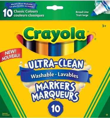 Crayola 10 Ultra-Clean Washable Broad Line Markers, Crayola Washable Markers are now ULTRA WASHABLE! Washable from skin, clothing and now from painted