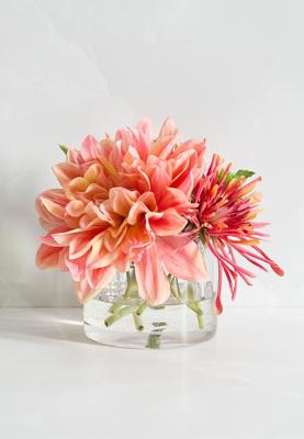 Dahlia salmon with spider mum in squat glass vase