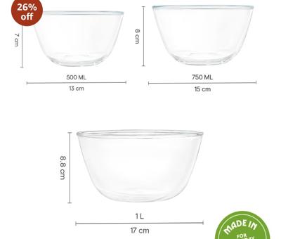 Borosil 500ml + 750ml + 1L (3pc) Serving & Mixing Bowl Set | Made in India Borosilicate Glass Bowl for Kitchen & Dinning