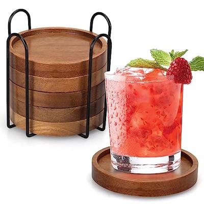Wooden Coaster Set of 6 Coffee Table Decor Bar Cup Drink Coasters Holder | Acacia Wood Coaster Coffee Bar Accessories Kitchen and Dining Room Outdoor