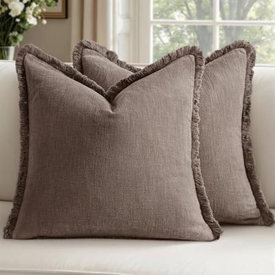Woaboy 24x24 Inch Set of 2 Euro Linen Fringe Pillow Covers,Light Coffee