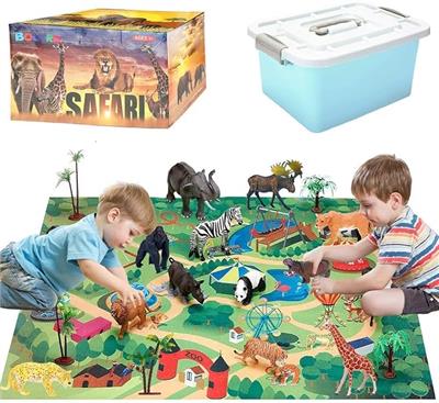 Safari Animals Figures with Activity Play Mat & Storage Box, Realistic Plastic Jumbo Playset, Jungle Wild Zoo Animals Toys for Kids Toddle