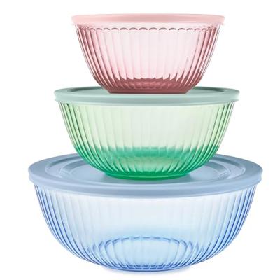 Pyrex Colors (3-Pack, Full Set) Sculpted Tinted Glass Mixing Bowls With Plastic Lids, Nesting Space Saving Set of Bowls For Prepping and Baking, 1.3QT