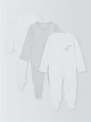 John Lewis Baby Cotton Star Print Sleepsuits, Pack of 3, White, Newborn