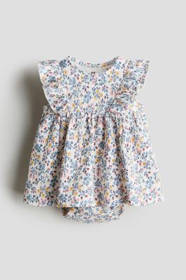 White/floral Ruffle-trimmed Bodysuit Dress for kids | H&M CA