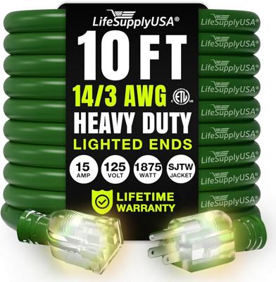 Amazon.com: 10ft Outdoor/Indoor Extension Cord 14/3 Gauge Heavy Duty 3 Prong SJTW, Waterproof, ETL Listed, Flexible Cold-Resistant Long Power Cord,15A