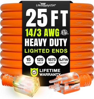Amazon.com: 25ft Outdoor/Indoor Extension Cord 14/3 Gauge Heavy Duty 3 Prong SJTW, Waterproof, ETL Listed, Flexible Cold-Resistant Long Power Cord,15A