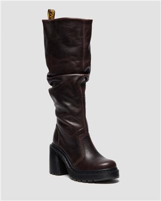 Kasey Kinsley Leather Knee High Heeled Boots in Dark Brown | Dr. Martens