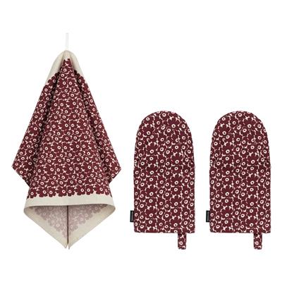Marimekko Pikkuinen Unikko kitchen textile set, linen - burgundy | Finnish Design Shop