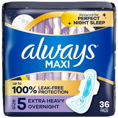 Always Maxi Overnight Pads with Wings for Women, Size 5, Extra Heavy Overnight Absorbency, Unscented, 36CT - Walmart.ca
