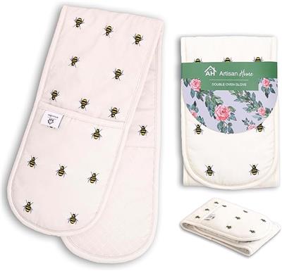 Black Double Oven Gloves Heat Resistant Silicone Oven Mitts Pair | Non-Slip Silicone Oven Gloves Double Oven Mitt | Machine Washable Thick Potholders