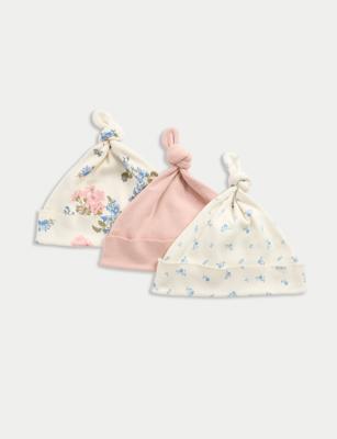 3 Pack Pure Cotton Floral Hats (0-12 Mths) | M&S | M&S