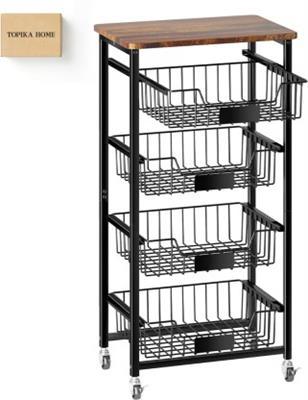 Topika 4-Tier Kitchen Fruit Basket Cart with Pull-Out Storage Bins Steel Kitchen Trolley | Makro