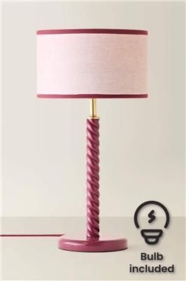 Dark Pink ValueLights Amara Linen Drum with Colour Trim Shade Wood Twist Table Lamp and Bulb | Debenhams